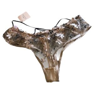 Agent Provocateur Yoshie Sheer Floral Embroidered Thong in Nude and Black NWT XL